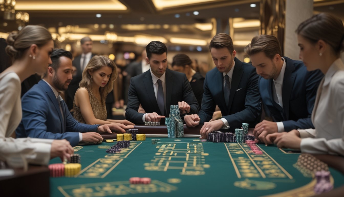 Beberapa pemain di meja baccarat yang berbeda sedang bermain dengan fokus dan mengatur chip di kasino.