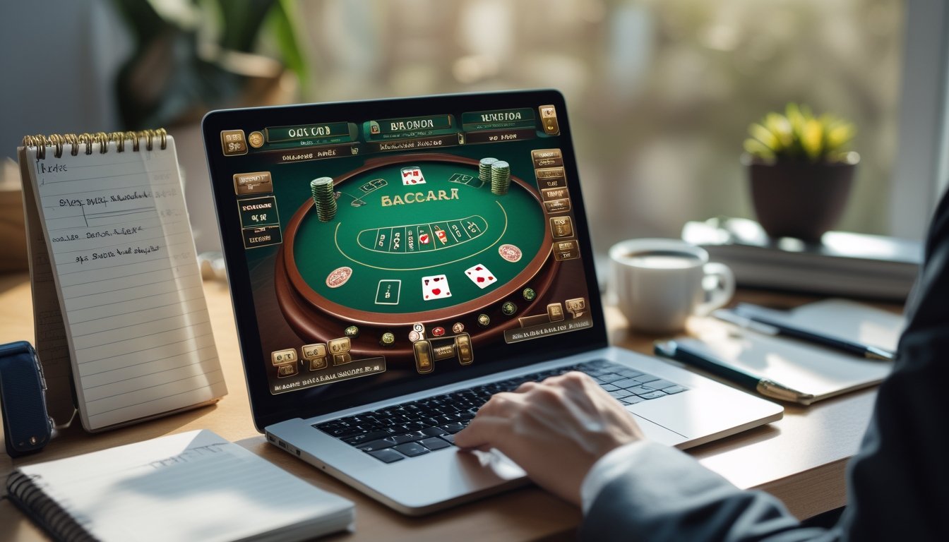 Seorang pemain sedang menggunakan laptop untuk bermain mini baccarat online dengan meja yang rapi dan alat tulis di sekitarnya.
