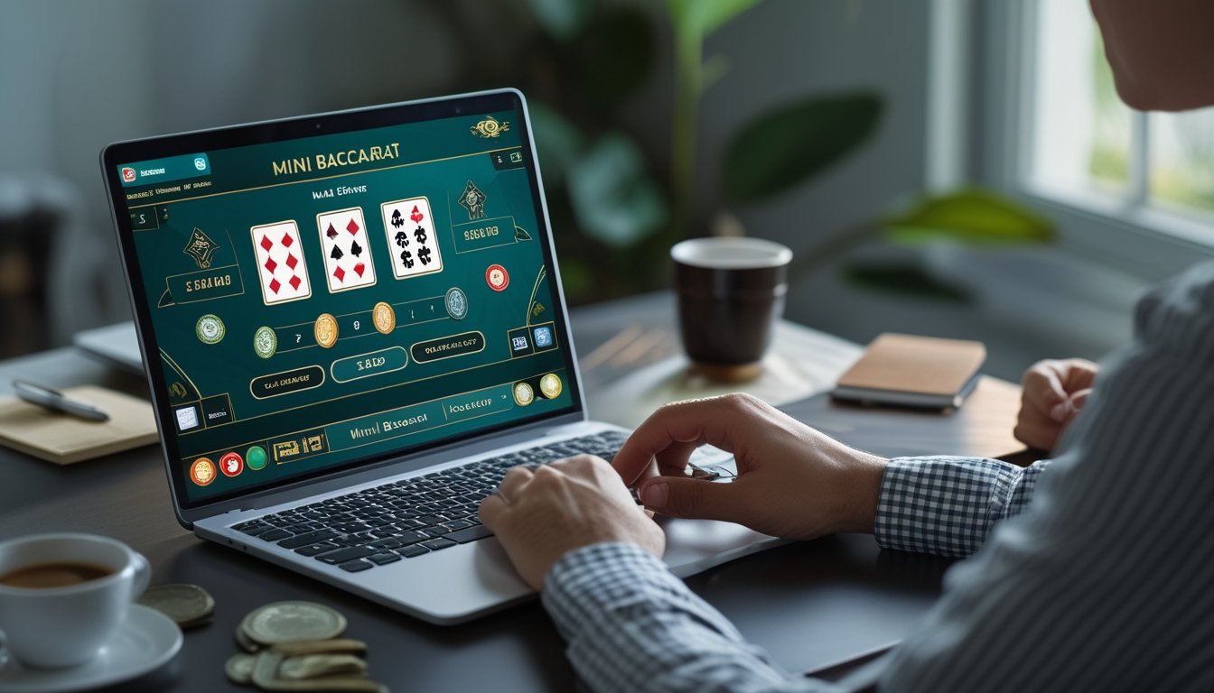 Seorang pemain menggunakan laptop untuk bermain Mini Baccarat online di lingkungan rumah yang nyaman dengan kartu dan chip terlihat di layar.