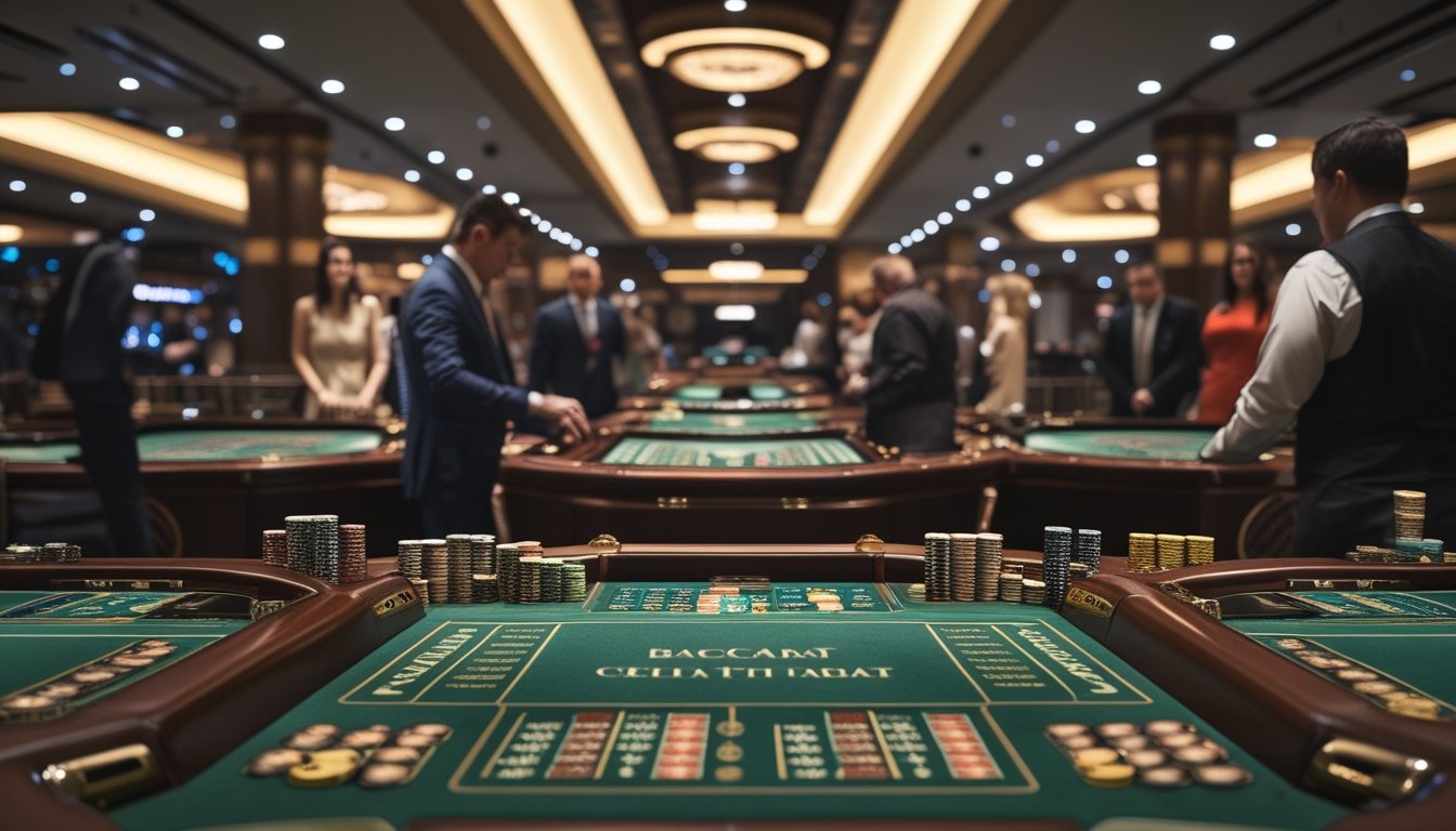 Beberapa meja baccarat dalam ruangan kasino dengan pemain dan dealer sedang bermain.