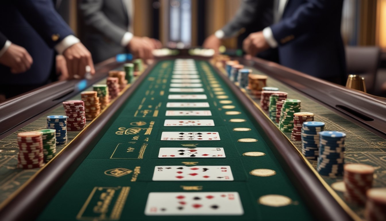 Meja baccarat mewah dengan beberapa meja berjajar di kasino, menampilkan kartu dan tumpukan chip poker yang tersusun rapi.