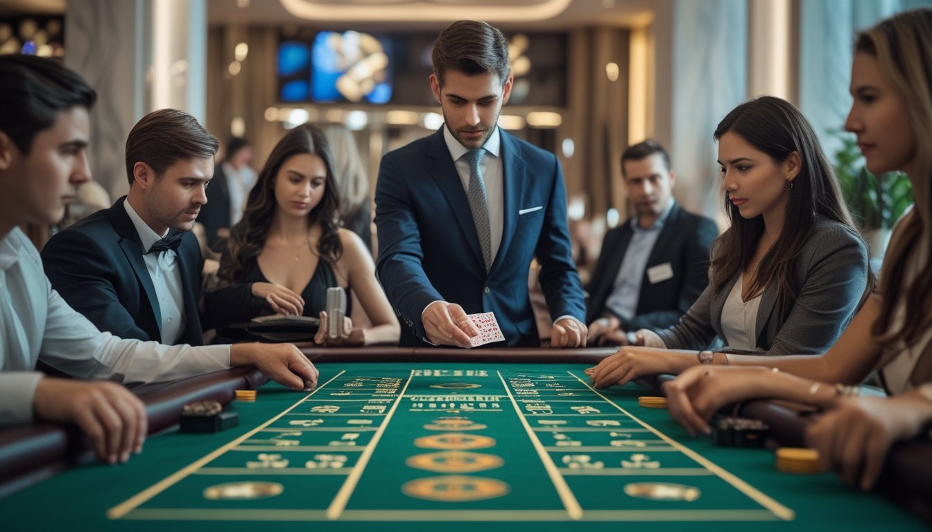 Meja Mini Baccarat di kasino dengan dealer dan beberapa pemain yang sedang bermain kartu.