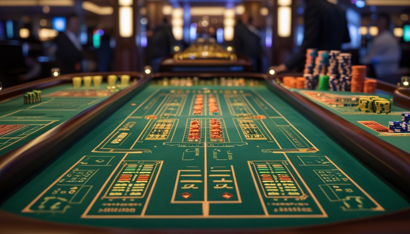 Meja kasino yang menampilkan dua permainan baccarat berbeda, satu dengan tata letak kecil dan sederhana, dan satu lagi dengan tata letak besar dan kompleks.