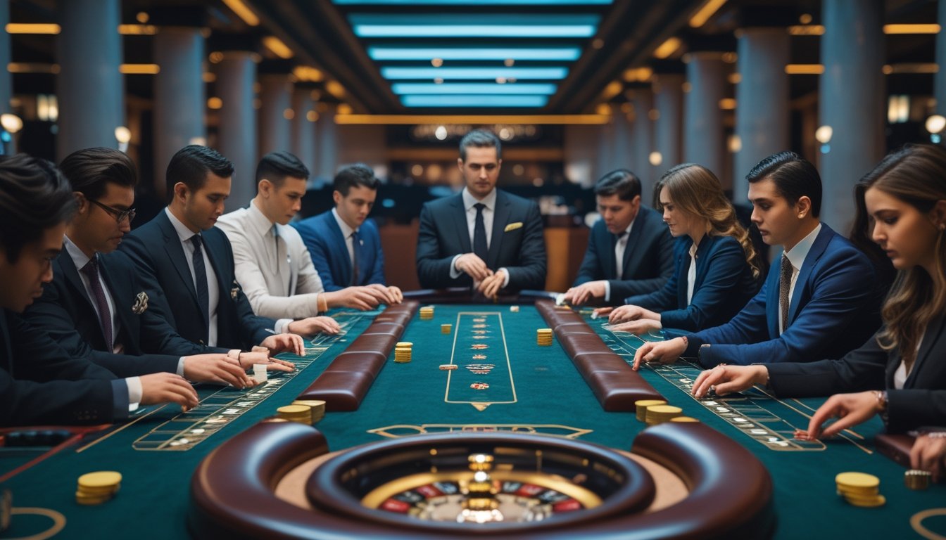 Beberapa orang bermain baccarat di beberapa meja kasino dengan ekspresi serius dan fokus, dikelilingi oleh chip dan kartu di lingkungan kasino yang elegan.