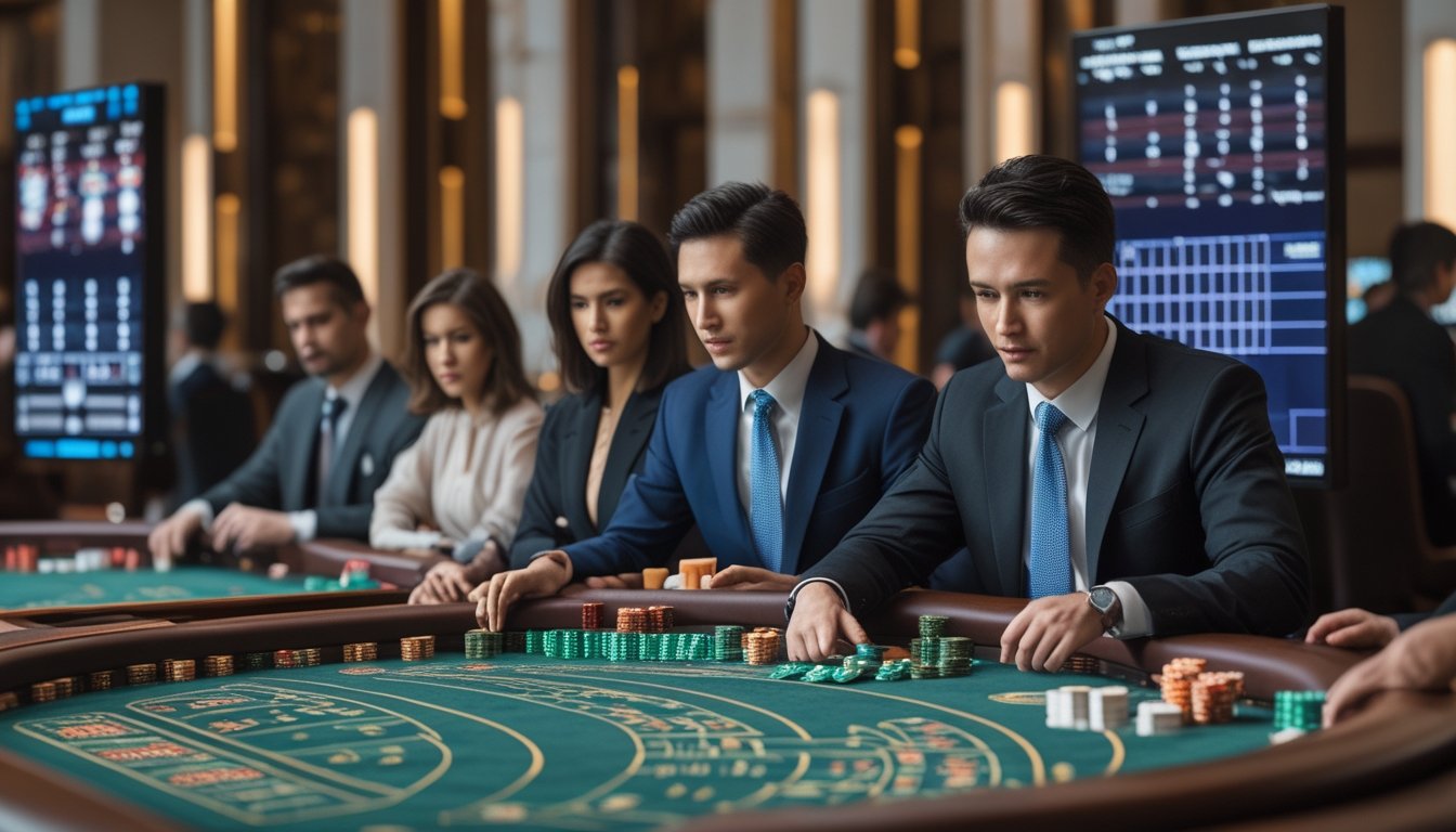 Seorang profesional sedang mengelola taruhan di beberapa meja Baccarat dalam suasana kasino yang tenang dan teratur.