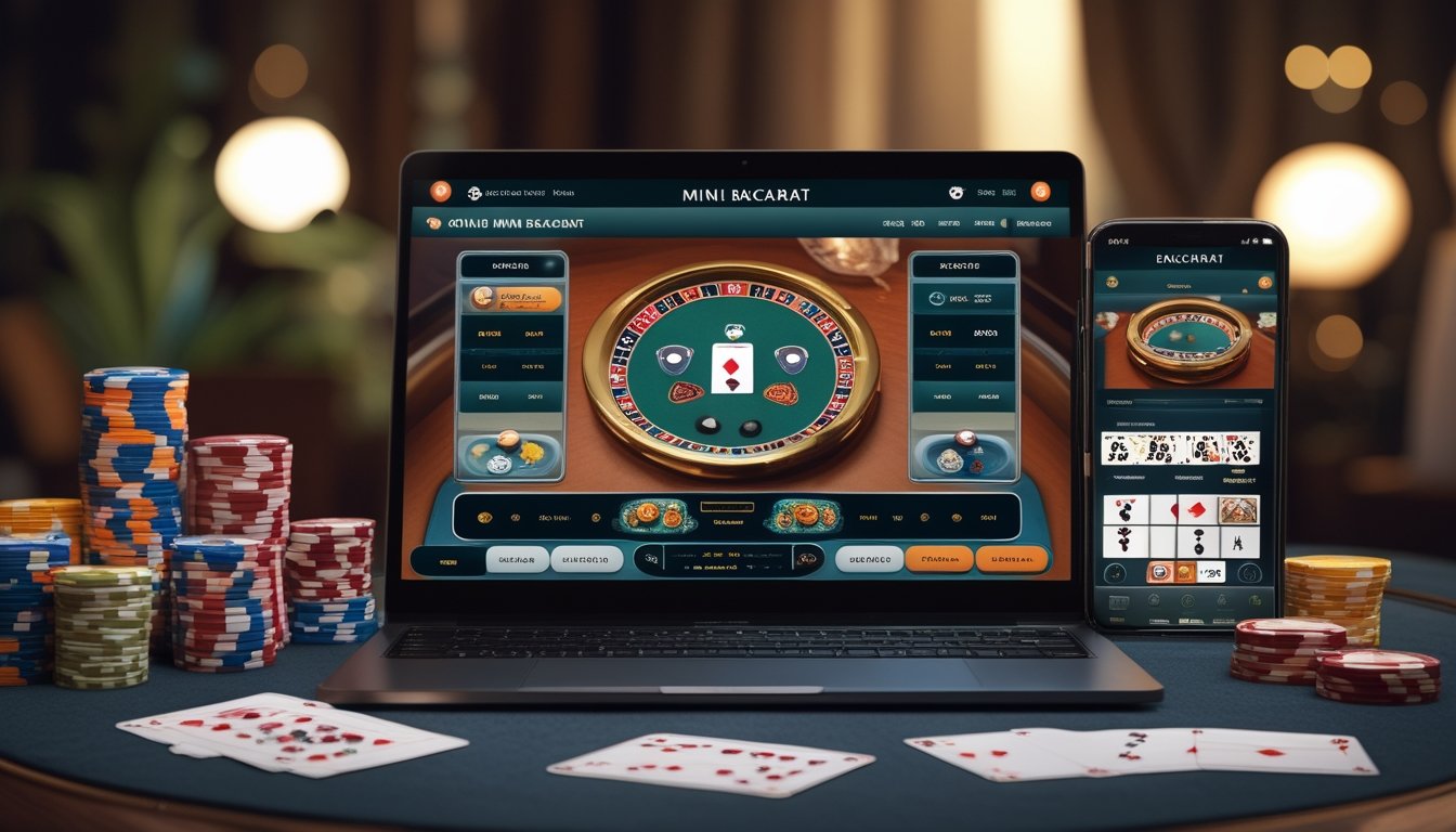 Seorang pemain sedang menggunakan laptop dan smartphone untuk bermain mini baccarat online dengan kartu dan chip kasino di meja.