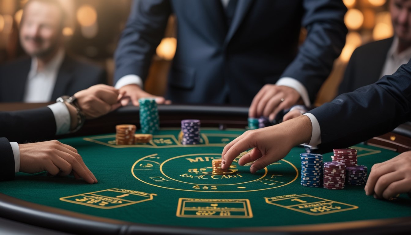 Seorang dealer di meja Mini Baccarat dengan beberapa pemain yang memasang taruhan di kasino.