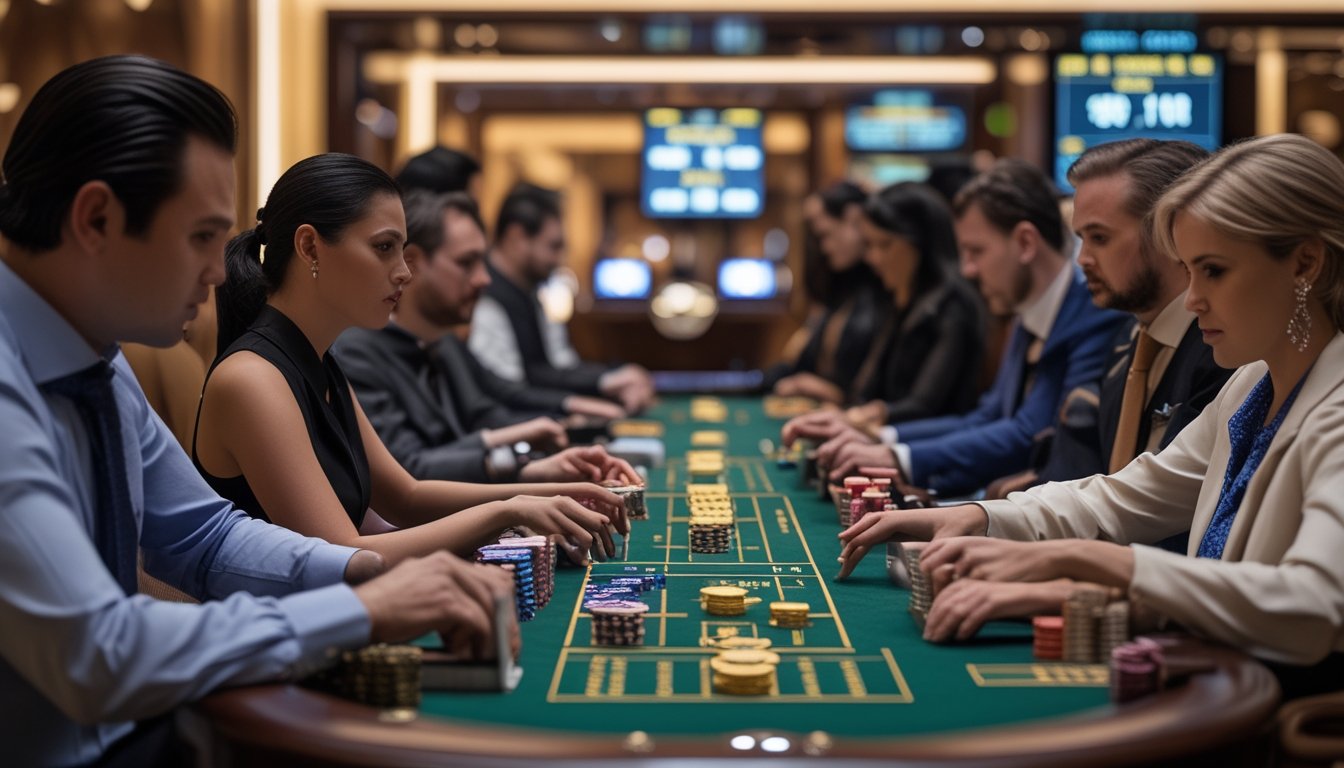 Beberapa pemain berpengalaman sedang bermain baccarat di beberapa meja kasino online yang elegan.