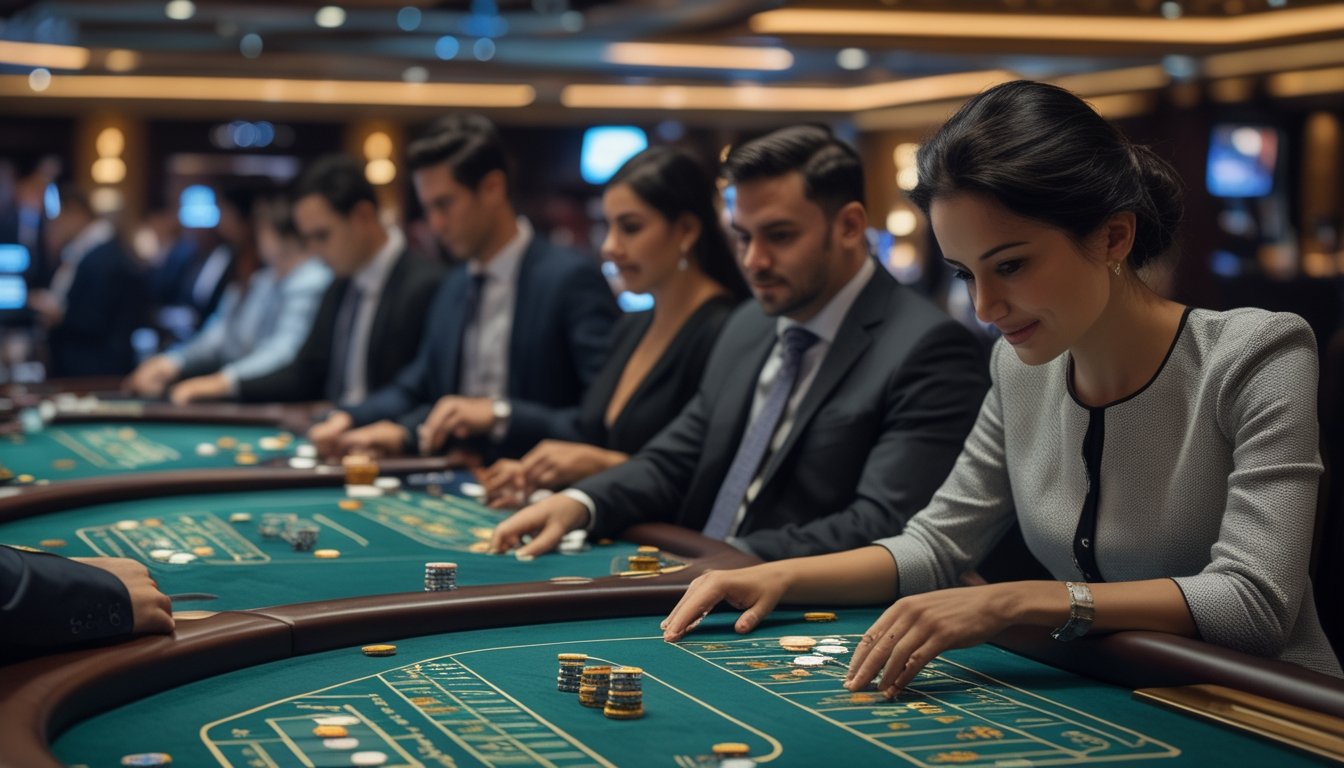 Beberapa pemain serius bermain baccarat di beberapa meja dalam kasino yang mewah dan terang.