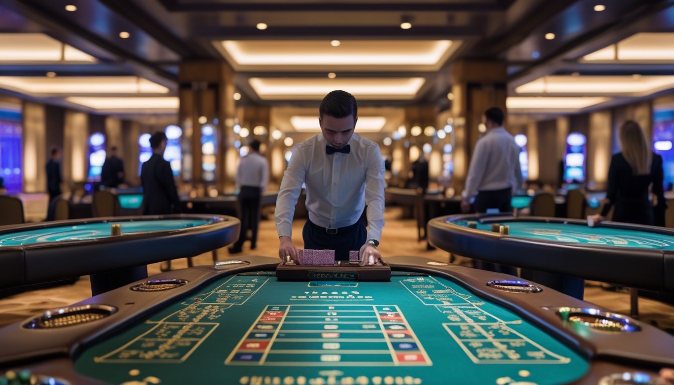 Beberapa meja baccarat dengan pemain dan dealer yang sedang bermain di kasino modern.