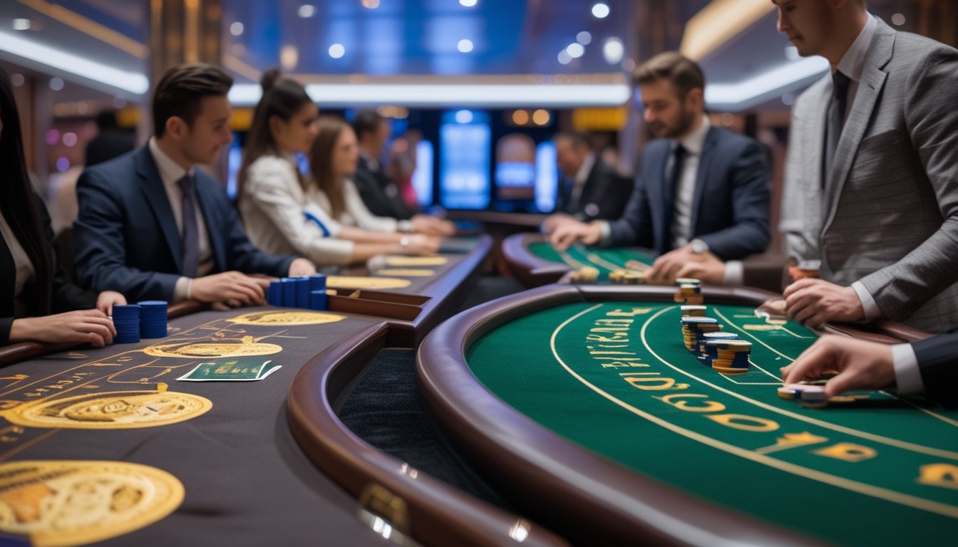Beberapa meja Baccarat dengan pemain dan dealer yang sedang bermain di kasino modern.