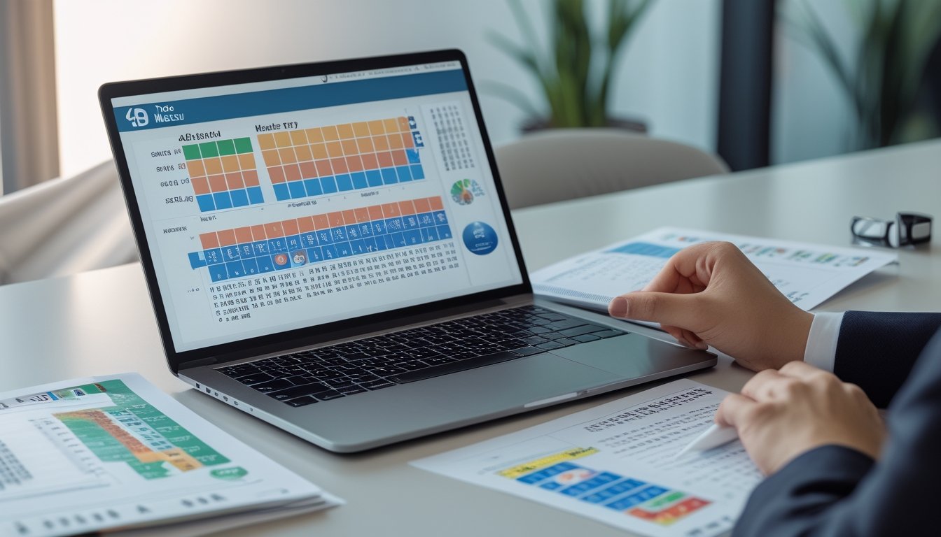 Meja kerja dengan laptop yang menampilkan grafik dan angka, tangan menunjuk layar, serta kertas berisi data angka di sekitar meja.