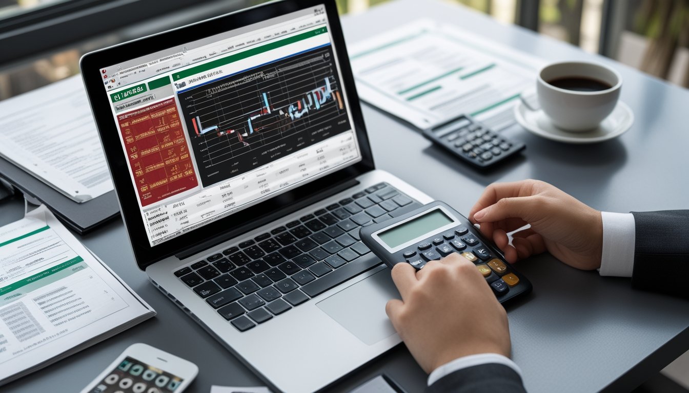 Sebuah meja kerja modern dengan laptop, kalkulator, dokumen, dan ponsel yang menunjukkan aktivitas pengecekan pengeluaran Toto Macau 4D dan 3D secara cepat dan akurat.