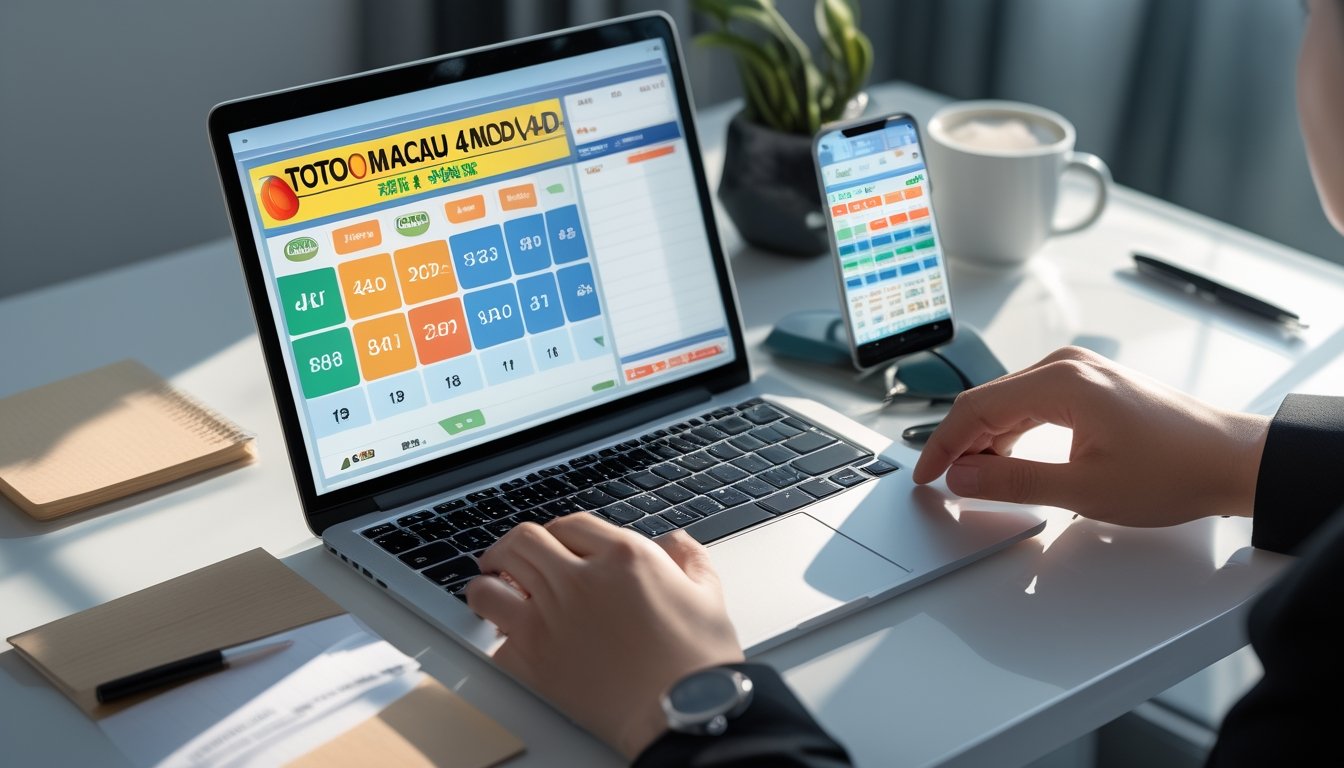 Seorang pengguna duduk di depan laptop dan ponsel di meja kerja, memeriksa hasil undian Toto Macau dengan tampilan angka dan grafik di layar.