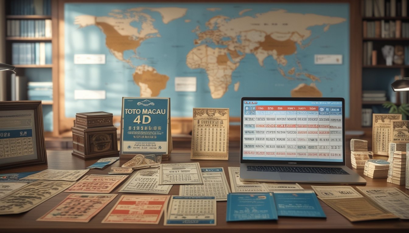 Meja kerja dengan tiket lotere vintage, dokumen sejarah, dan laptop yang menampilkan angka lotere, dengan peta dunia di latar belakang.
