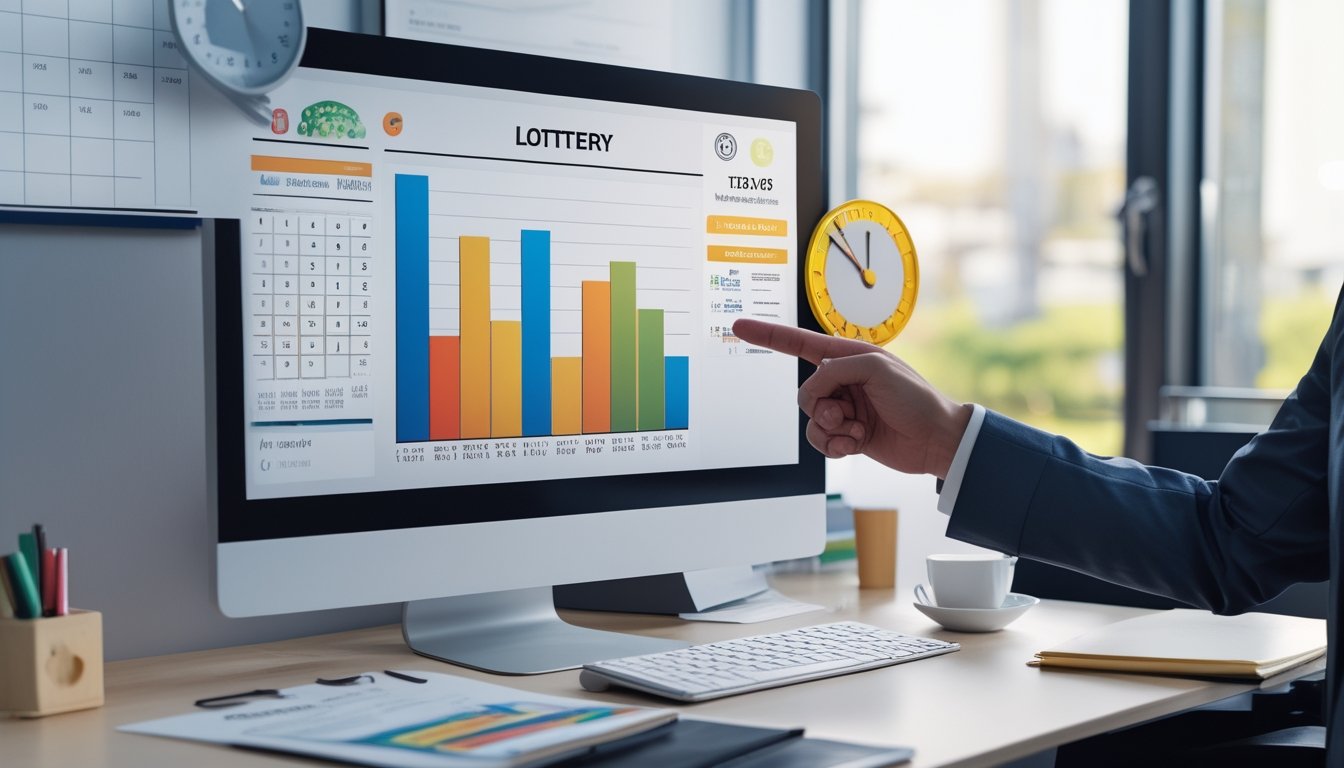 Seseorang menunjuk layar komputer yang menampilkan grafik dan kalender di meja kerja yang rapi.