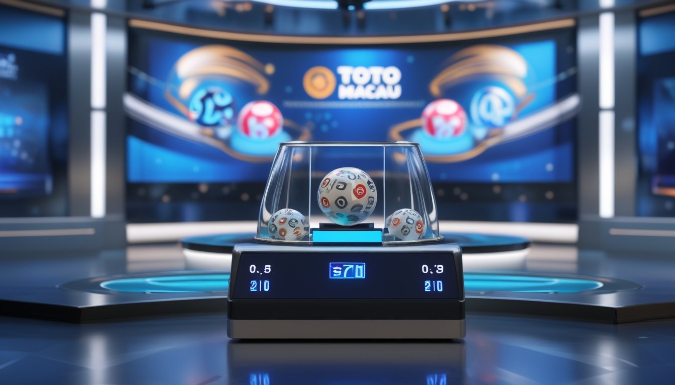 Suasana studio pengundian lotere Toto Macau dengan mesin bola lotere dan layar digital di latar belakang.