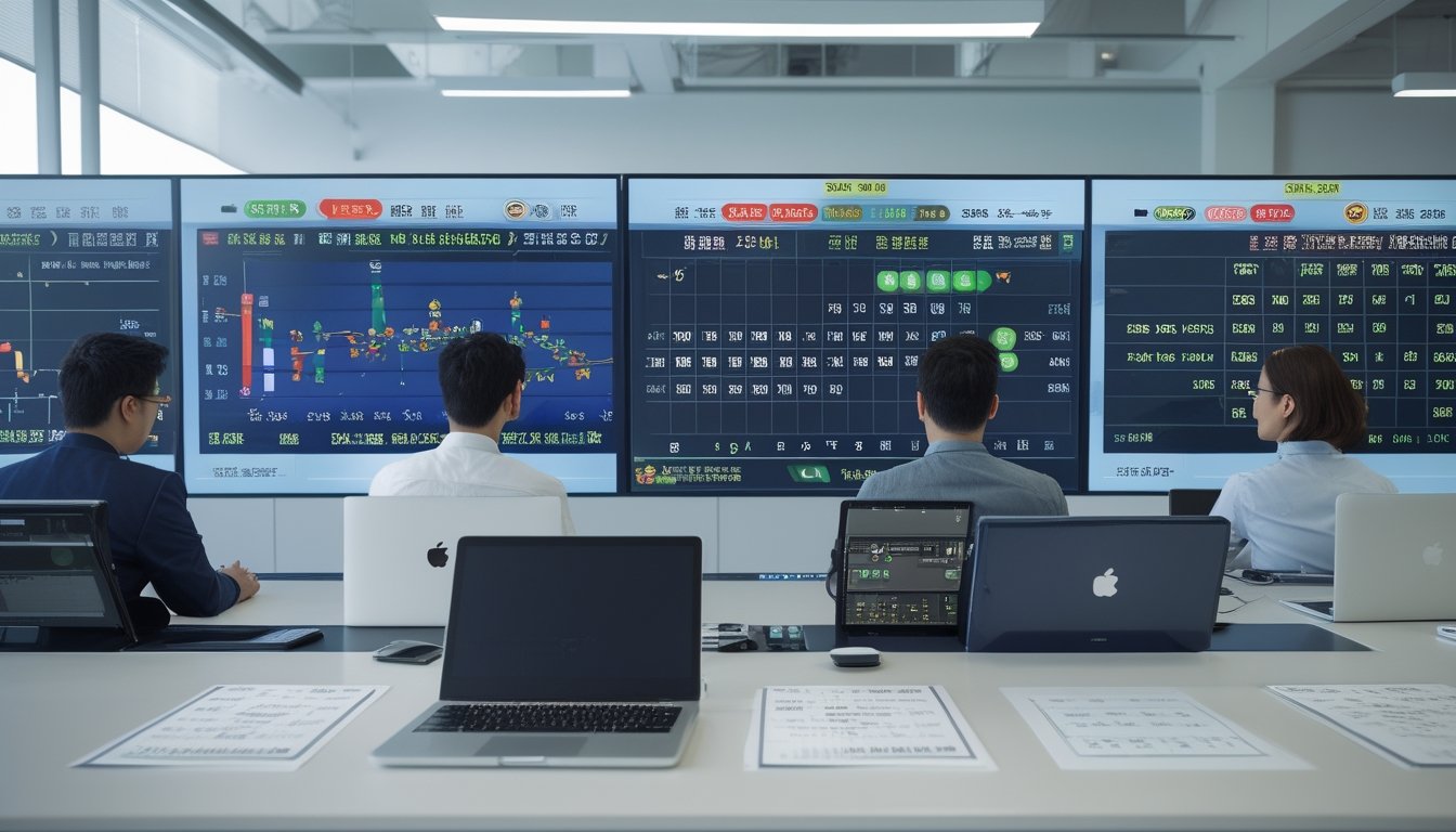 Sekelompok profesional sedang menganalisis data hasil keluaran Toto Macau di ruang kantor modern dengan layar digital dan perangkat kerja.