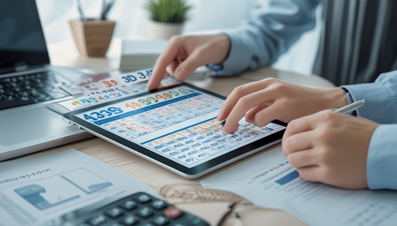 Tangan seseorang sedang menganalisis data angka pada tablet digital dan grafik di meja kantor.