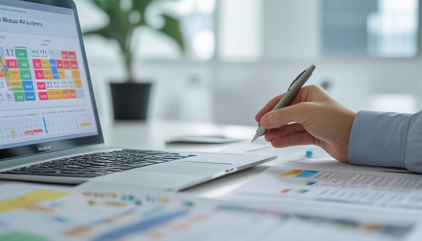 Meja kerja dengan laptop yang menampilkan grafik dan data statistik angka Toto Macau, seseorang sedang menunjuk layar komputer.