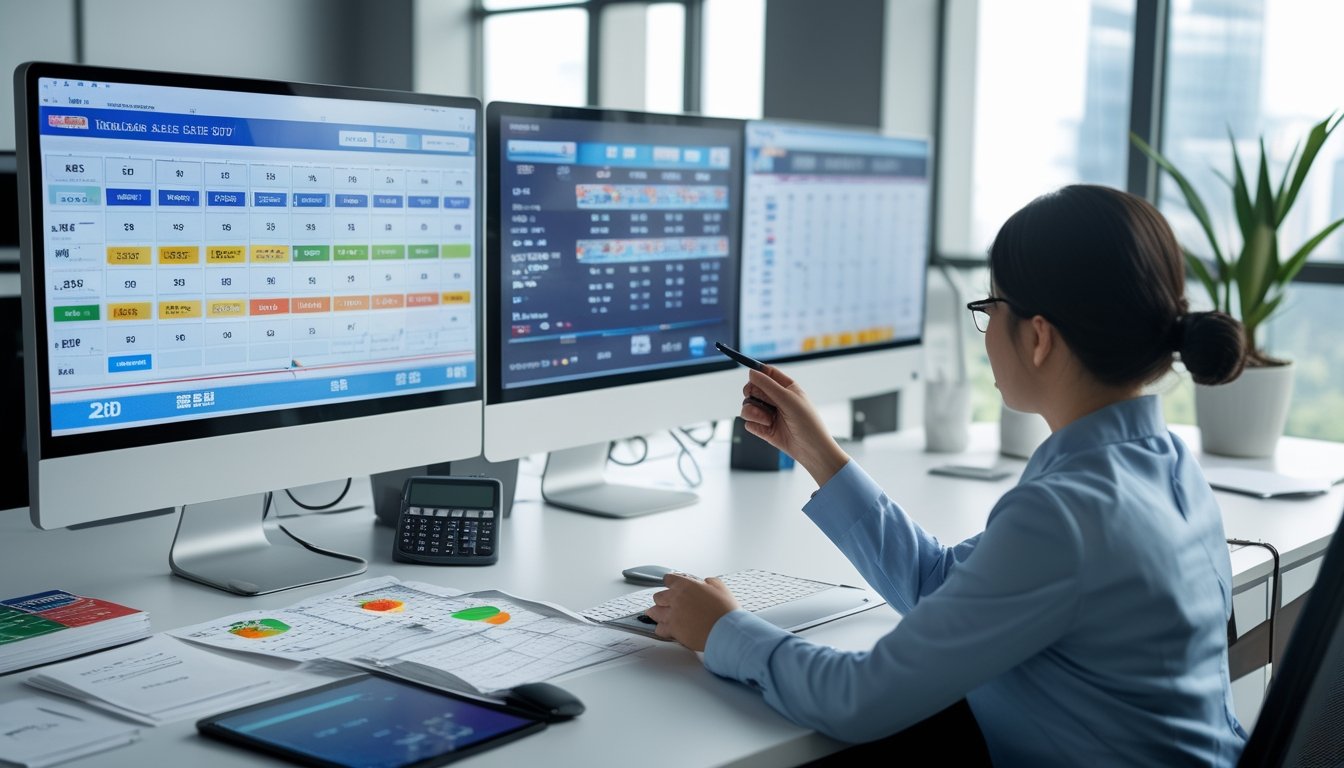 Seorang profesional sedang menganalisis data hasil undian Toto Macau 4D dan 3D di depan beberapa layar komputer di kantor yang terang dan rapi.