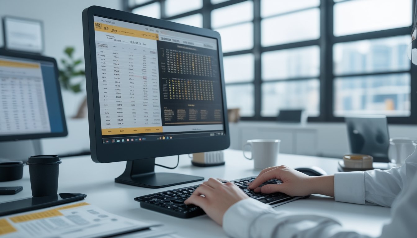 Meja kerja modern dengan komputer menampilkan data angka dan tangan seseorang sedang mengetik, di ruang kantor terang dan rapi.