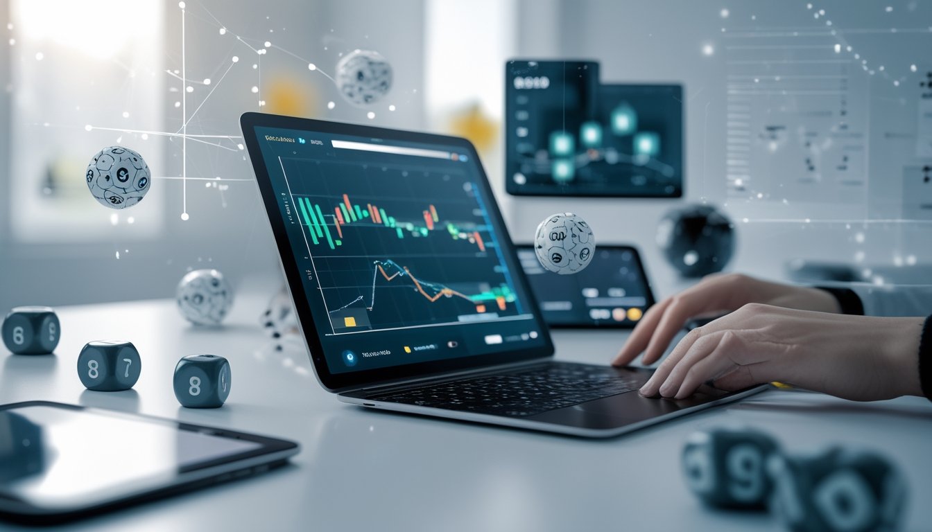 Meja kerja modern dengan perangkat digital yang menampilkan grafik dan angka acak, serta tangan seseorang yang sedang menganalisis data di tablet, dikelilingi oleh dadu dan bola lotere.