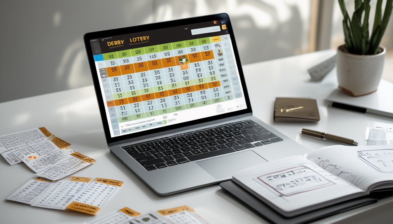 Meja kerja dengan laptop yang menampilkan antarmuka permainan lotere, tiket lotere, pena, dan buku catatan dengan diagram pola angka.