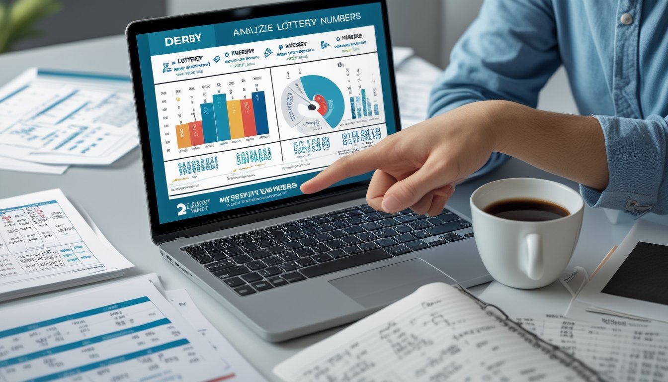 Seorang pria di meja kerja dengan laptop dan kertas berisi angka, sedang menganalisis data angka togel.