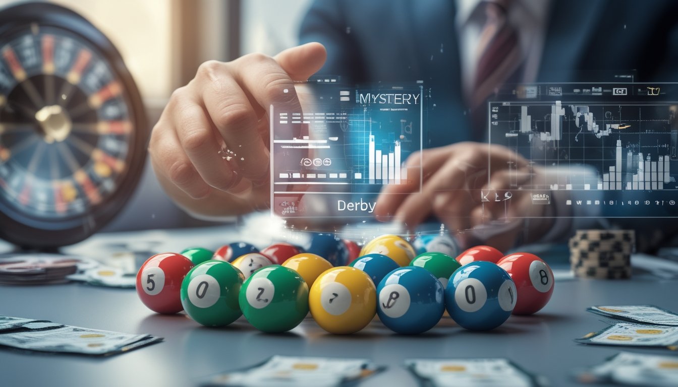 Tangan memegang bola lotere berwarna-warni dengan angka, dikelilingi grafik dan data digital yang menggambarkan analisis permainan lotere Derby, Run, dan Misteri.