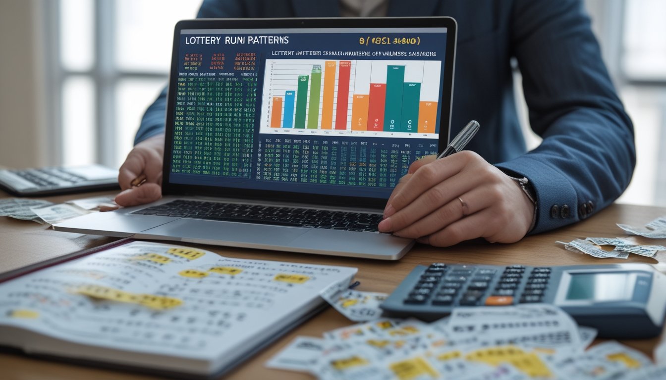 Meja kerja dengan laptop yang menampilkan grafik dan diagram, tiket lotre, kalkulator, dan buku catatan dengan tulisan tangan, menunjukkan seseorang sedang menganalisis pola angka.
