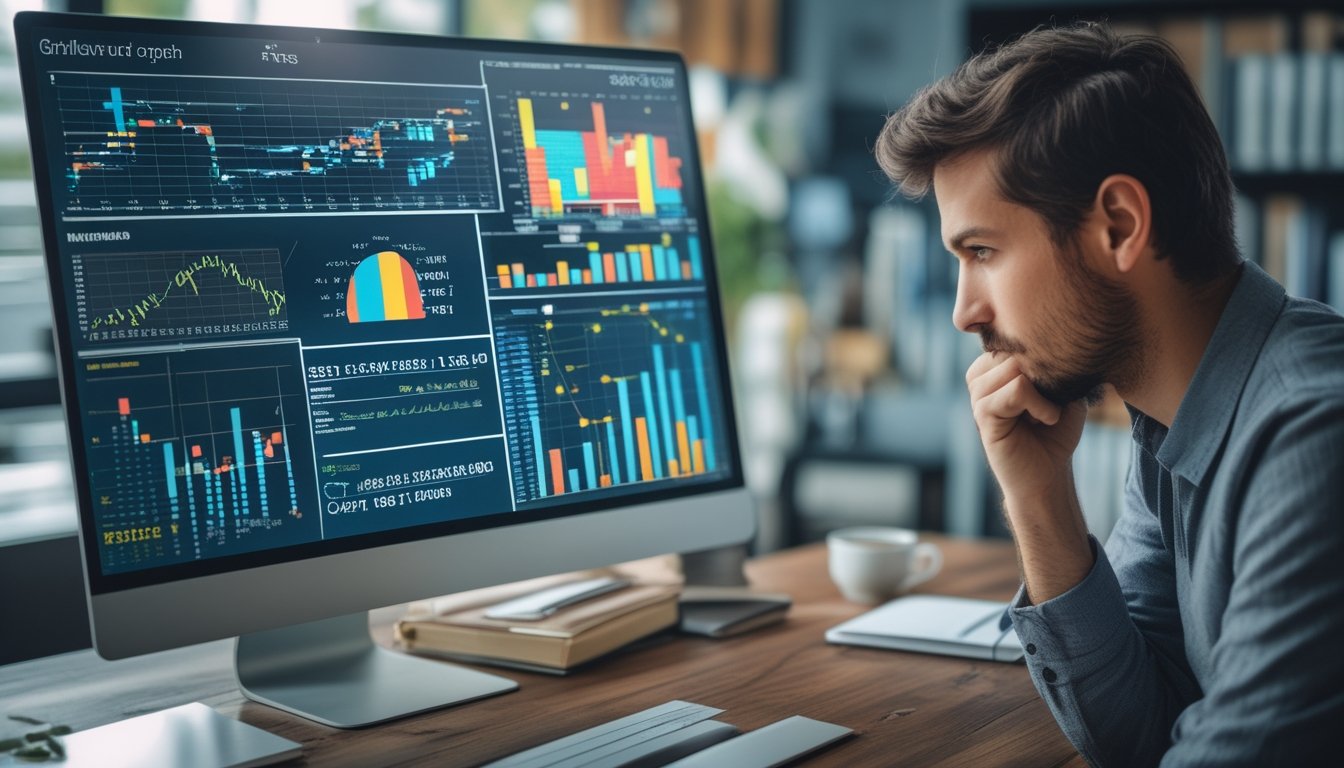 Seseorang sedang mempelajari grafik dan data angka pada layar digital di ruang kerja modern.