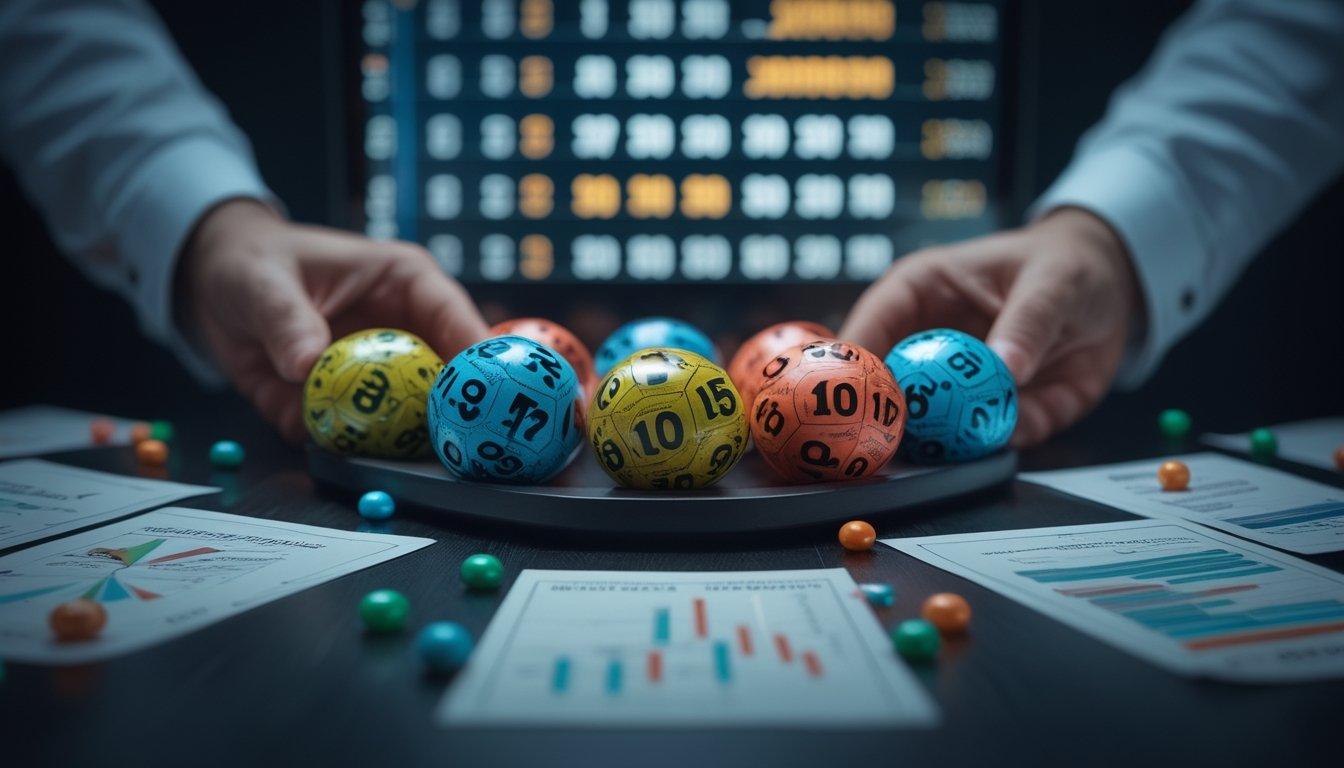 Tangan memegang bola lotre berwarna dengan angka, di atas meja kayu gelap dengan kertas berisi grafik dan catatan, serta layar digital dengan angka acak di latar belakang.