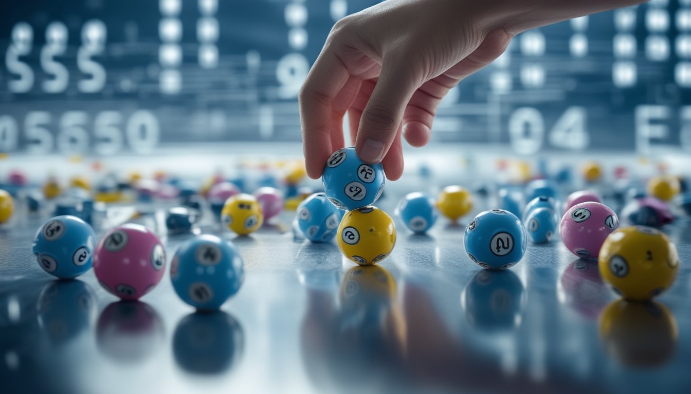 Tangan memegang bola lotere berwarna-warni dengan angka, di atas permukaan reflektif dengan pola angka abstrak di latar belakang.