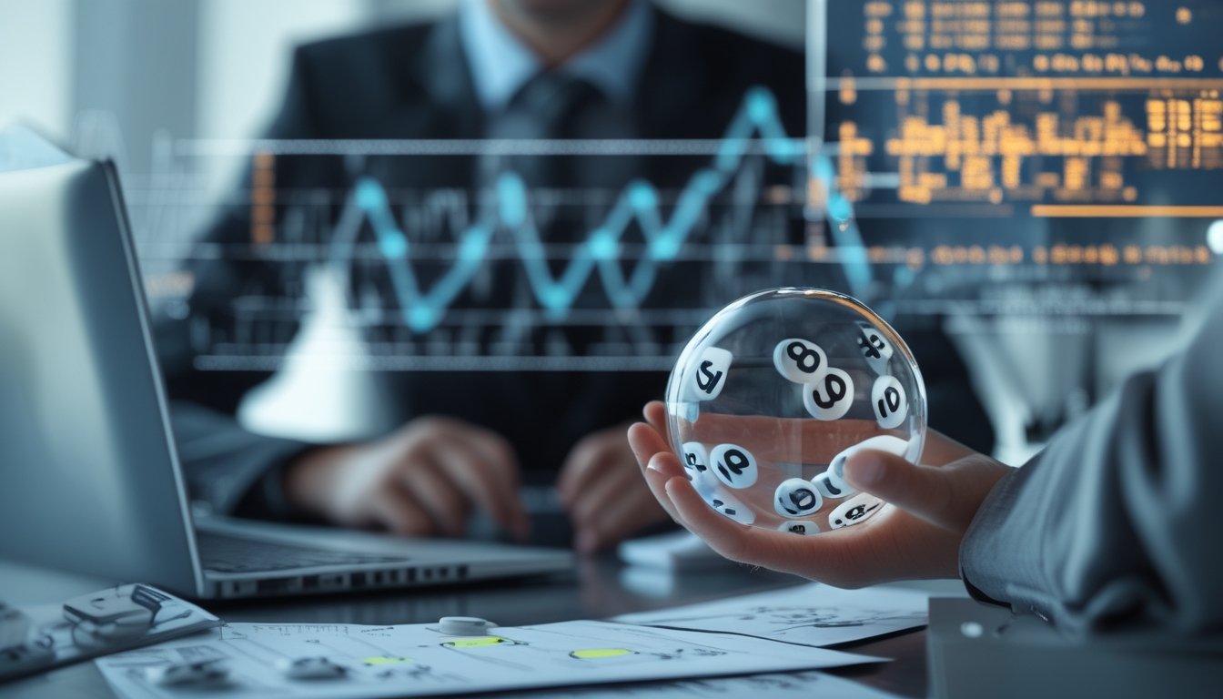 Tangan seseorang memegang bola lotre transparan dengan angka, latar belakang layar digital menampilkan rumus matematika dan grafik probabilitas.