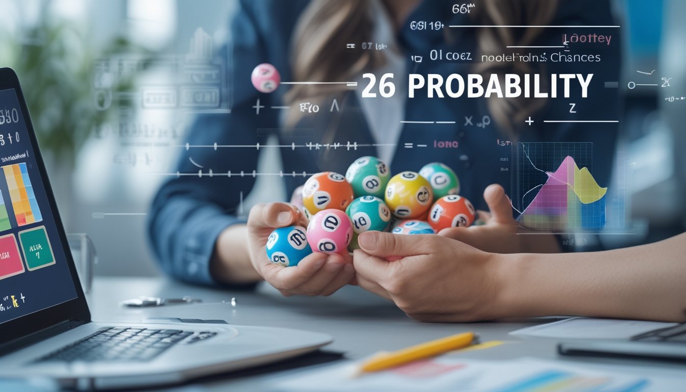 Tangan seseorang memegang bola togel berwarna-warni dengan angka, di depan meja kerja dengan laptop dan catatan yang menampilkan grafik probabilitas.