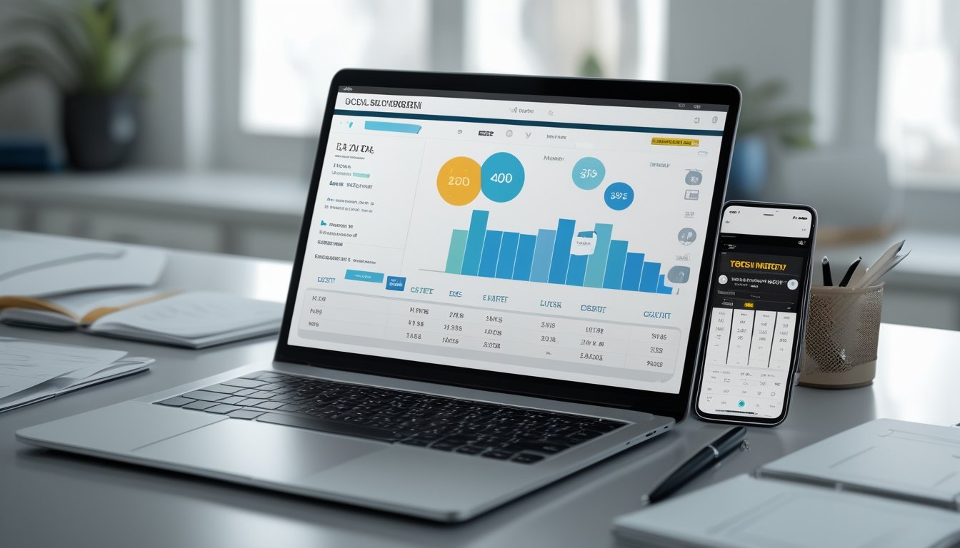 Meja kerja dengan laptop yang menampilkan grafik dan data terkait permainan togel, dikelilingi oleh catatan dan ponsel dengan tampilan tiket digital.