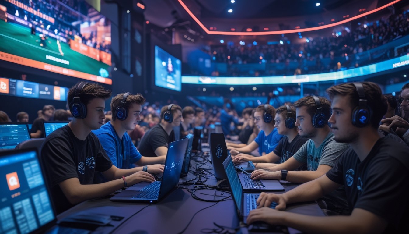 Sejumlah orang muda berkumpul di arena turnamen esports, melihat layar dan perangkat digital sambil membahas taruhan dalam suasana kompetitif.