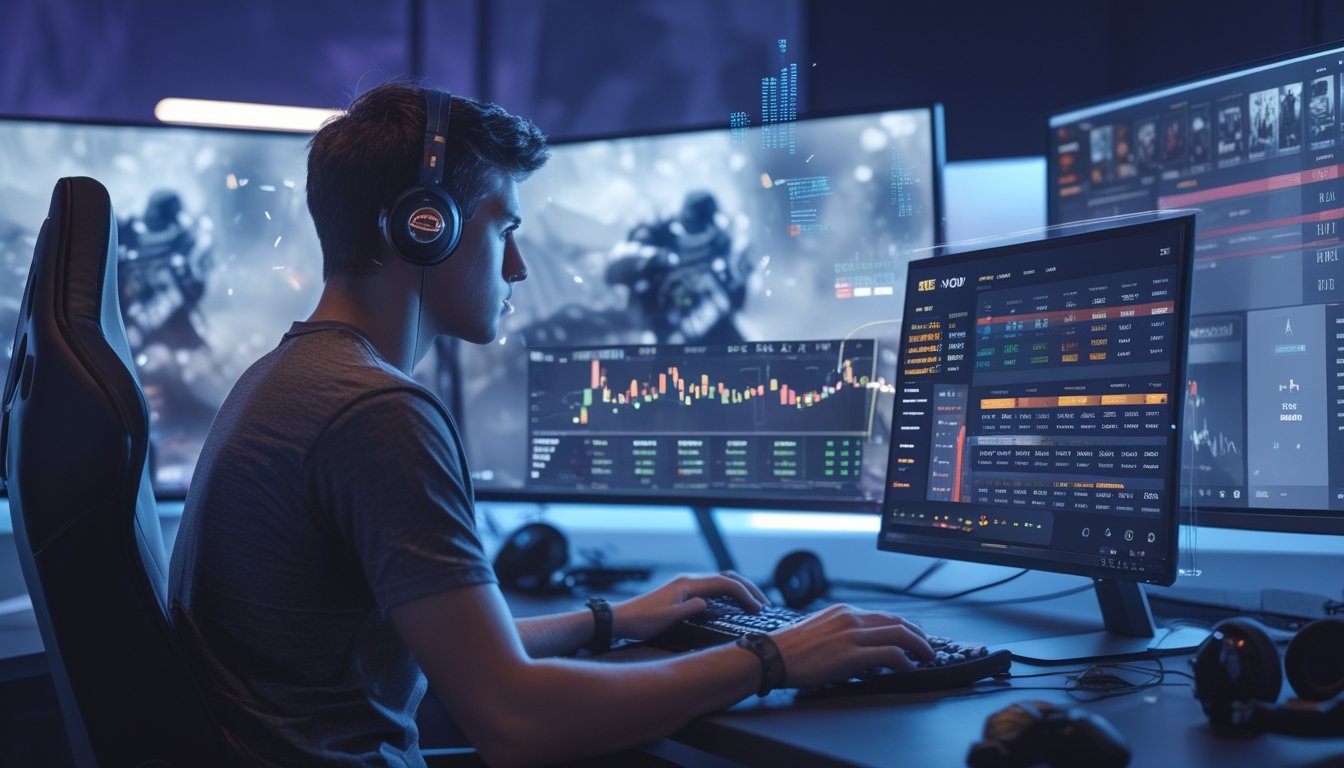 Seorang pria muda duduk di depan komputer dengan layar menampilkan permainan video kompetitif dan data taruhan esports di sekitarnya.