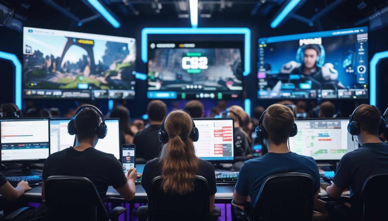 Sekelompok orang muda sedang bermain dan bertaruh pada turnamen esports Dota 2, CS2, dan Valorant di sebuah ruang gaming modern.