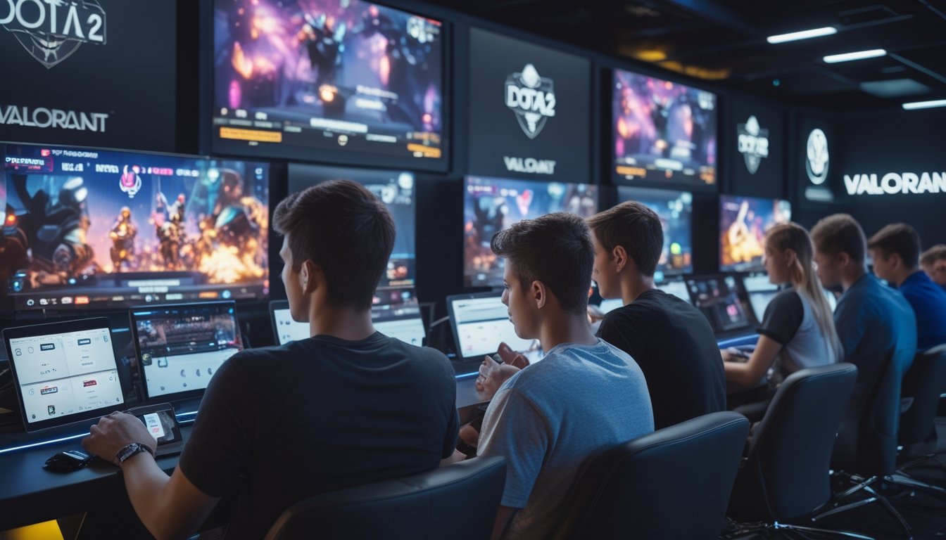 Sekelompok orang muda sedang menggunakan perangkat digital di ruang permainan modern dengan layar besar menampilkan permainan Dota 2, CS2, dan Valorant.