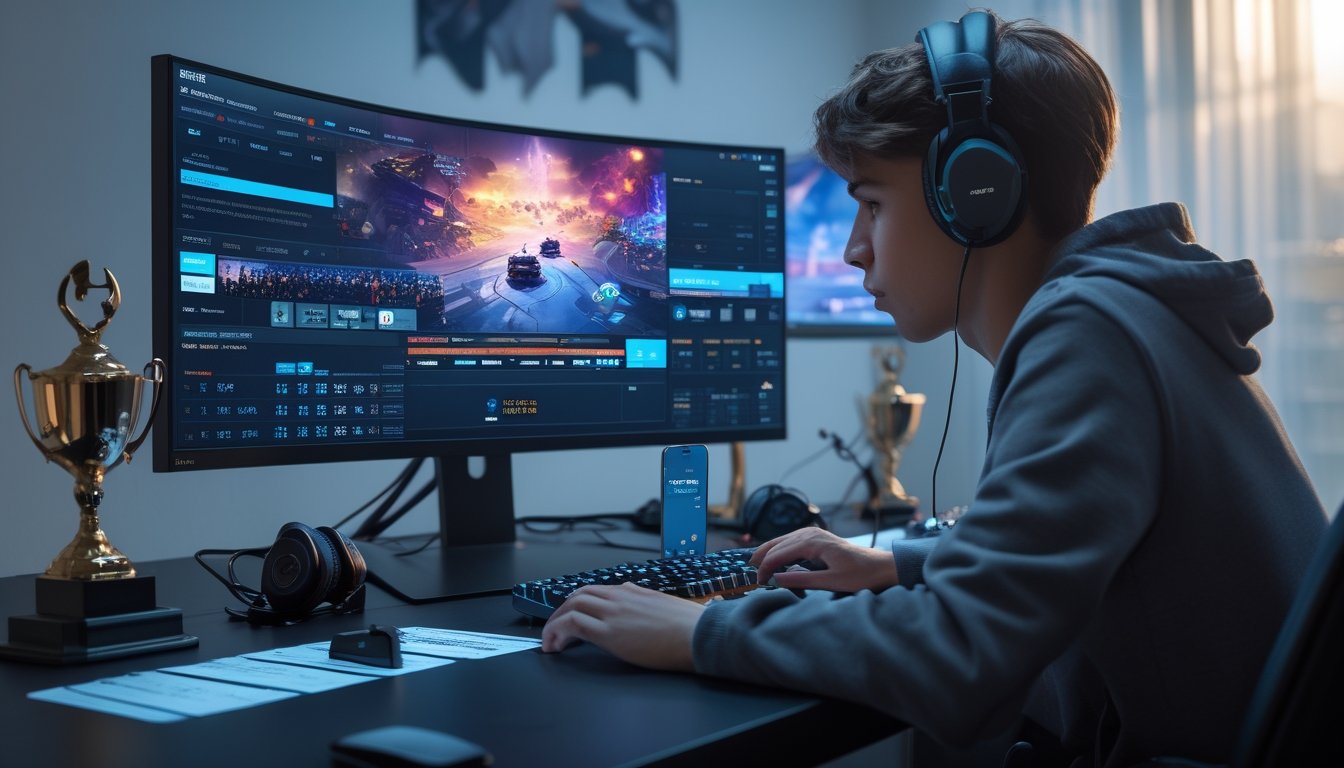 Seorang dewasa muda duduk di depan komputer dengan layar menampilkan permainan esports, di meja terdapat perangkat gaming dan elemen yang menunjukkan taruhan, suasana penuh fokus dan hati-hati.