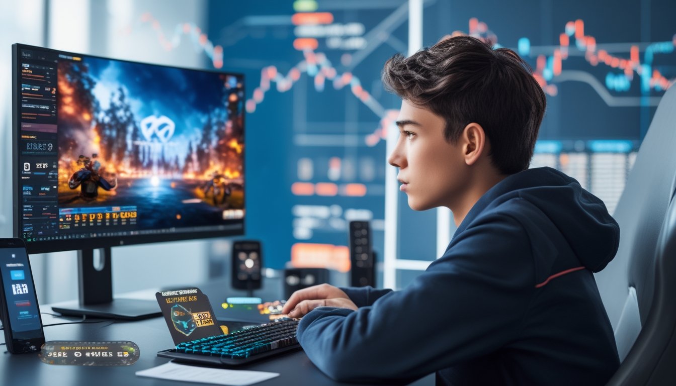 Seorang dewasa muda fokus menonton pertandingan esports di komputer dengan elemen-elemen taruhan digital di meja.