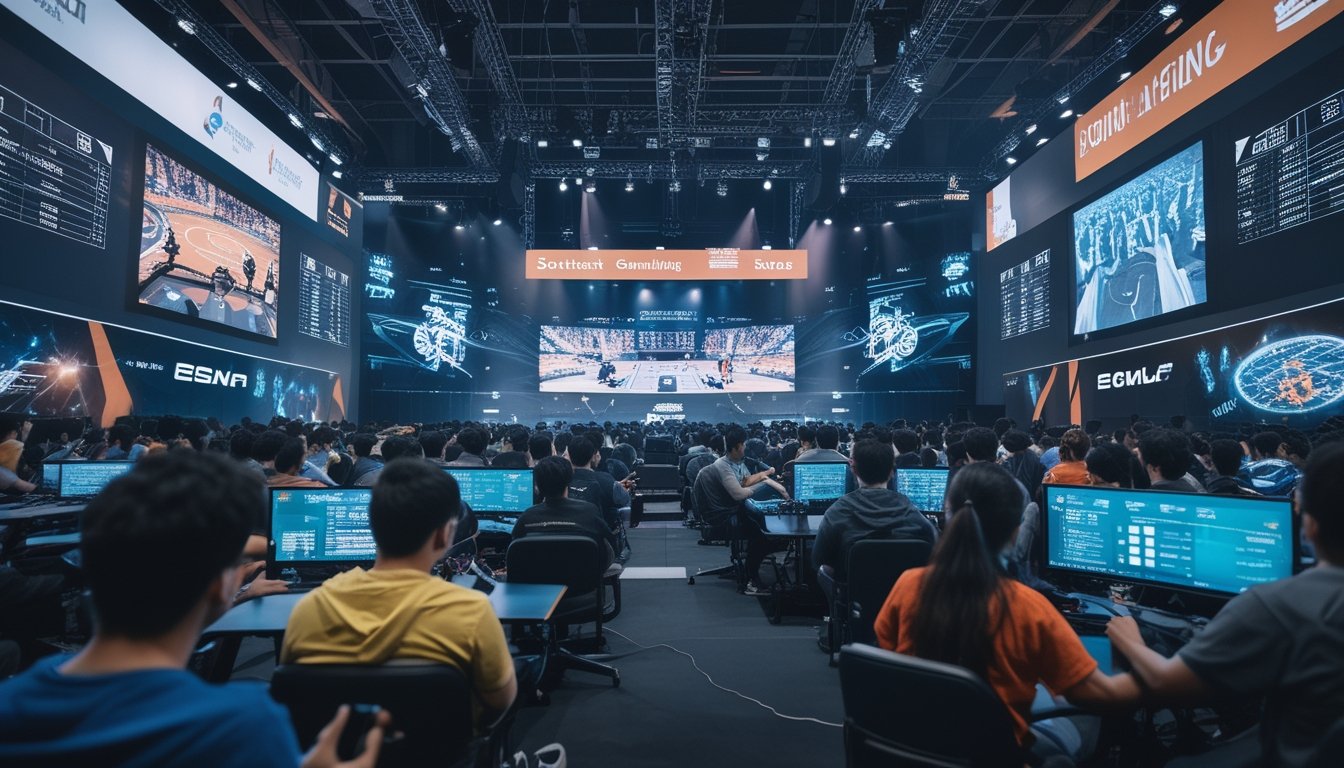 Suasana arena esports modern dengan pemain dan penonton yang antusias, menampilkan aktivitas bermain game dan elemen digital yang merepresentasikan perjudian dalam ekosistem gaming di Asia Tenggara.