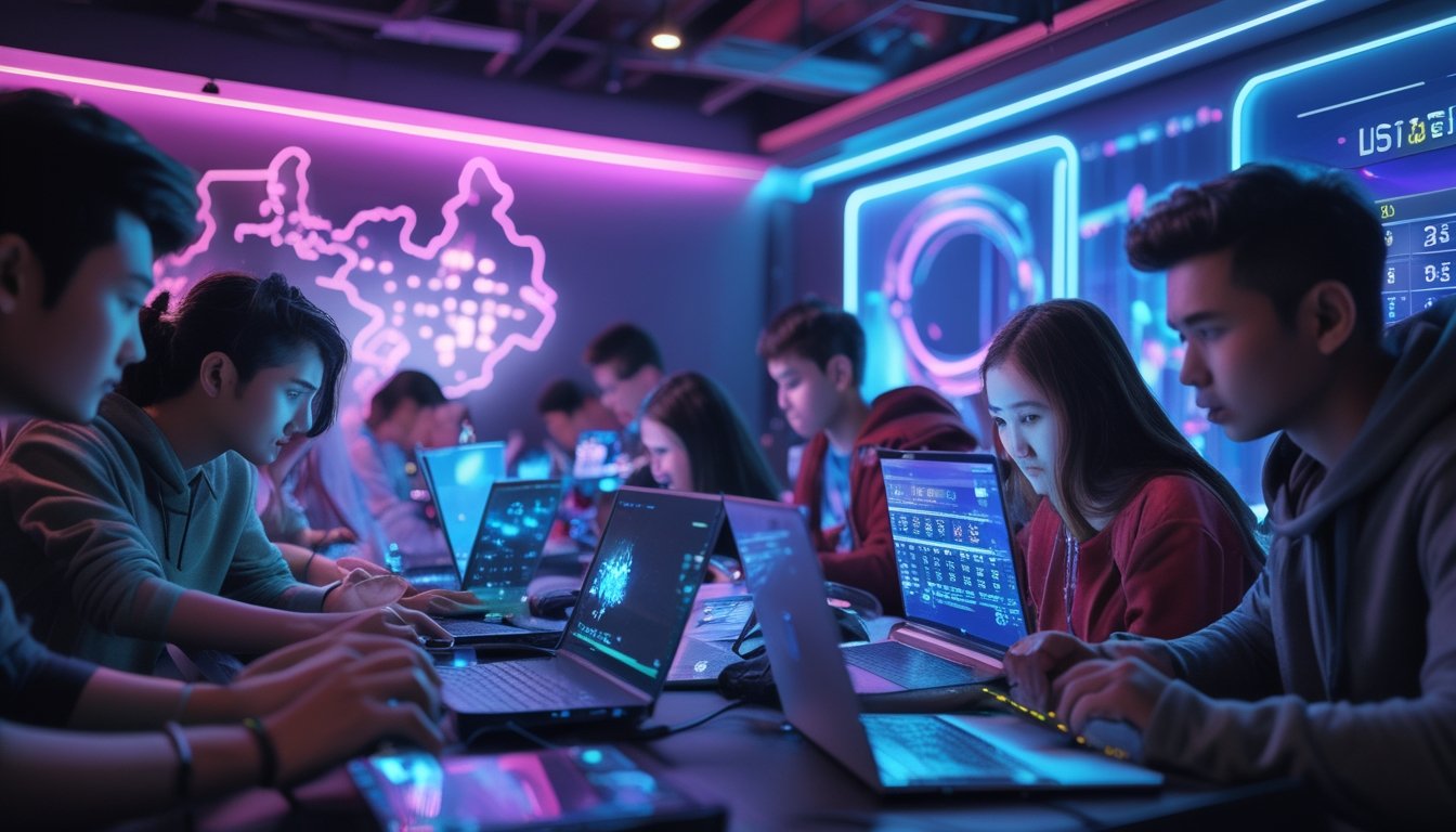 Sekelompok orang muda menggunakan perangkat digital di ruangan dengan lampu warna-warni, menunjukkan aktivitas terkait esports di Asia Tenggara.