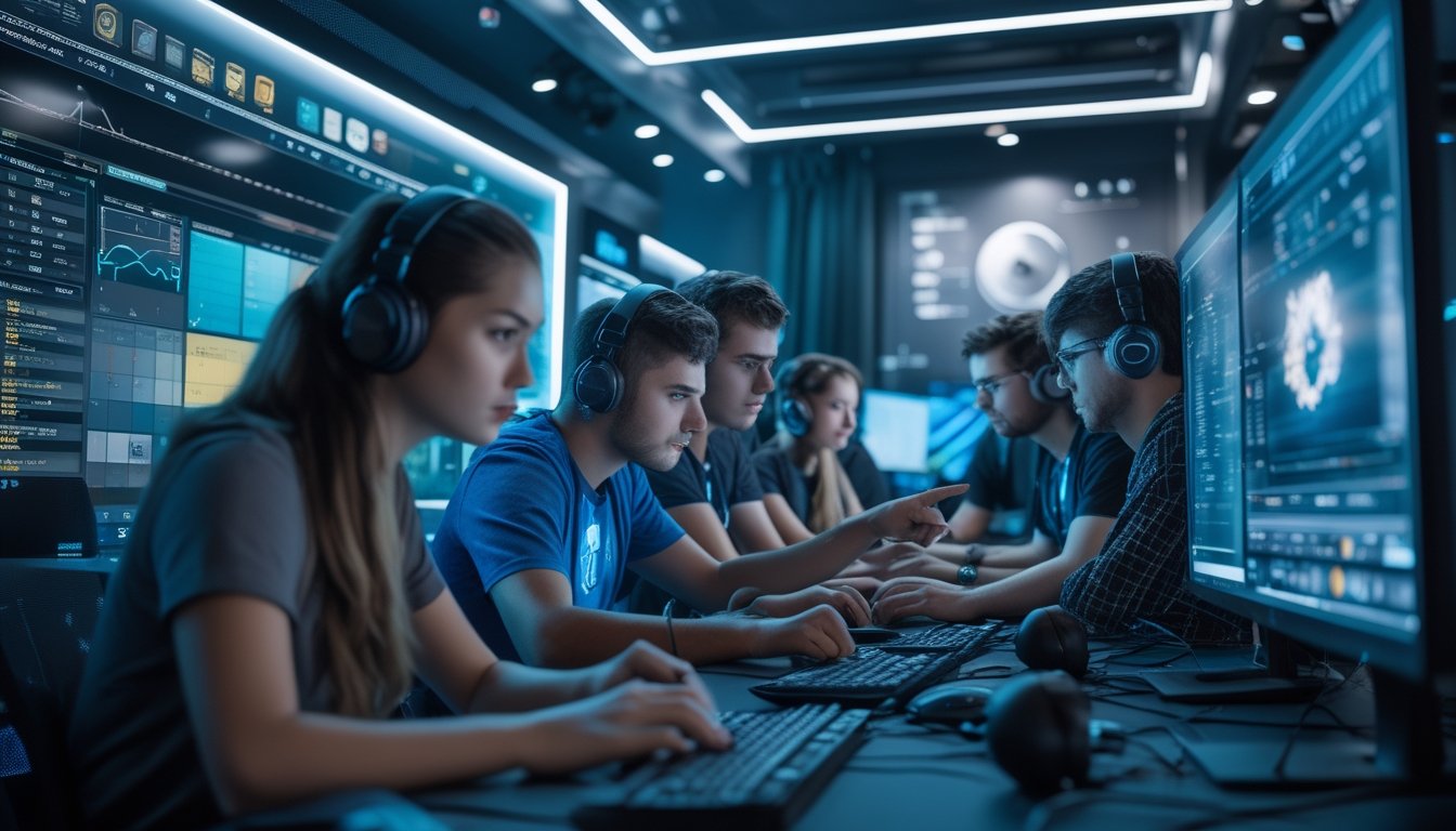 Tim profesional sedang menganalisis data dan strategi esports di depan beberapa monitor komputer dalam ruangan kerja modern.