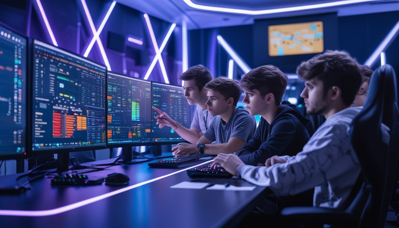 Sekelompok orang muda sedang menganalisis data kinerja tim esports di depan beberapa layar komputer dalam ruangan gaming berteknologi tinggi.