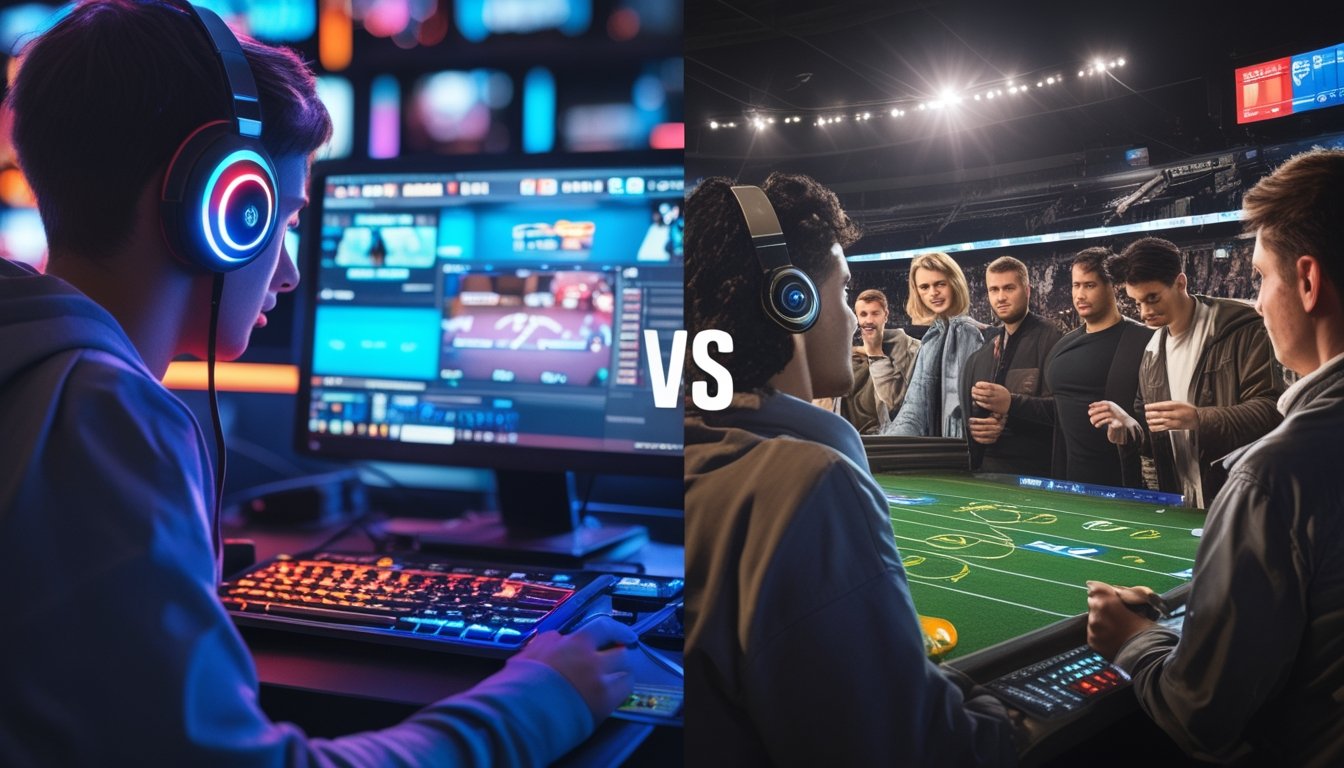 Seorang muda bermain game esports di laptop dengan lampu LED di satu sisi, dan sekelompok orang menonton pertandingan sepak bola sambil memegang tiket taruhan di sisi lain.