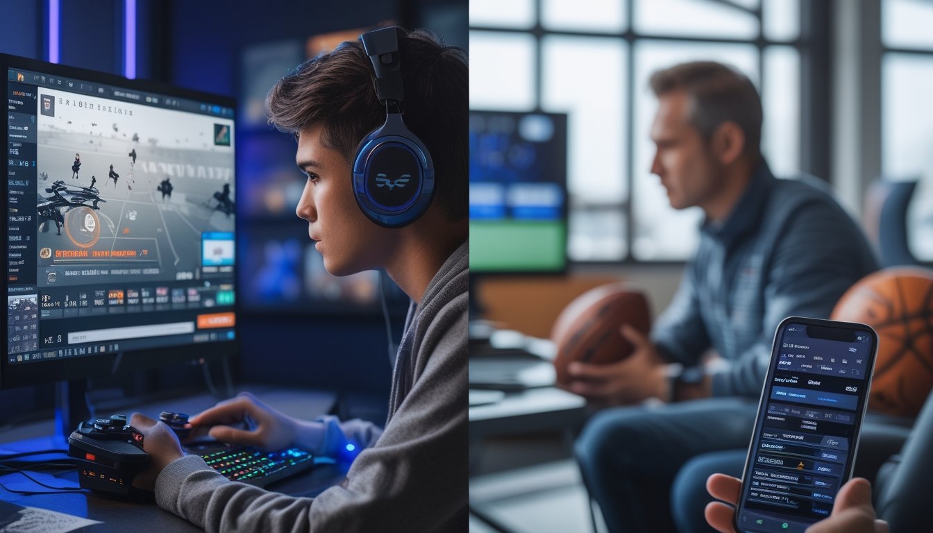 Dua orang sedang menonton pertandingan, satu menonton esports dengan komputer dan kontroler, satu lagi menonton olahraga tradisional di televisi sambil menggunakan ponsel untuk taruhan.
