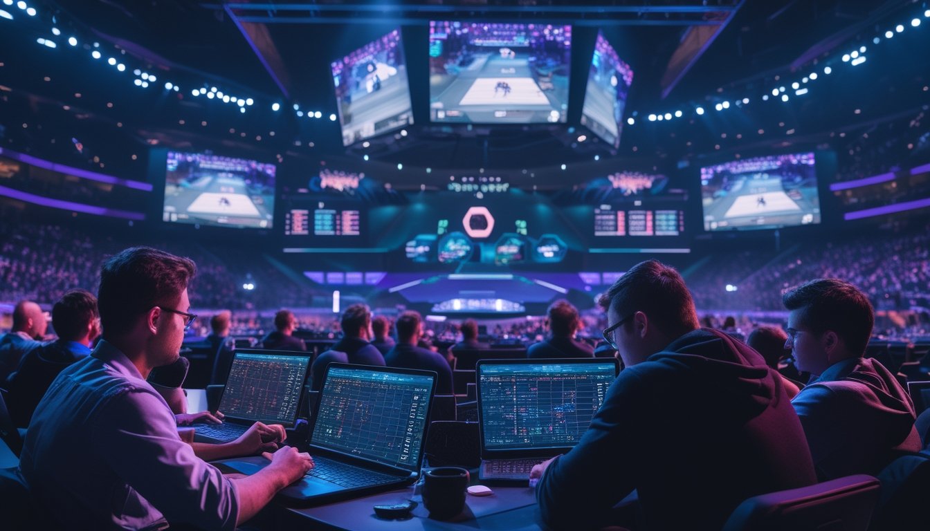 Suasana turnamen esports internasional dengan penonton, layar besar menampilkan permainan, dan orang-orang menganalisis data taruhan menggunakan perangkat digital.